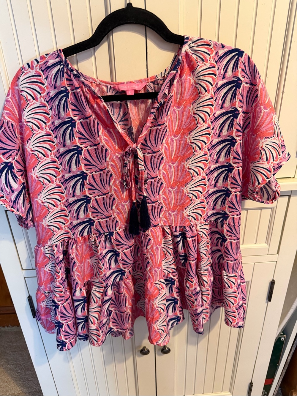 Simply Southern Pink Navy Floral Tie-Front Peplum Blouse